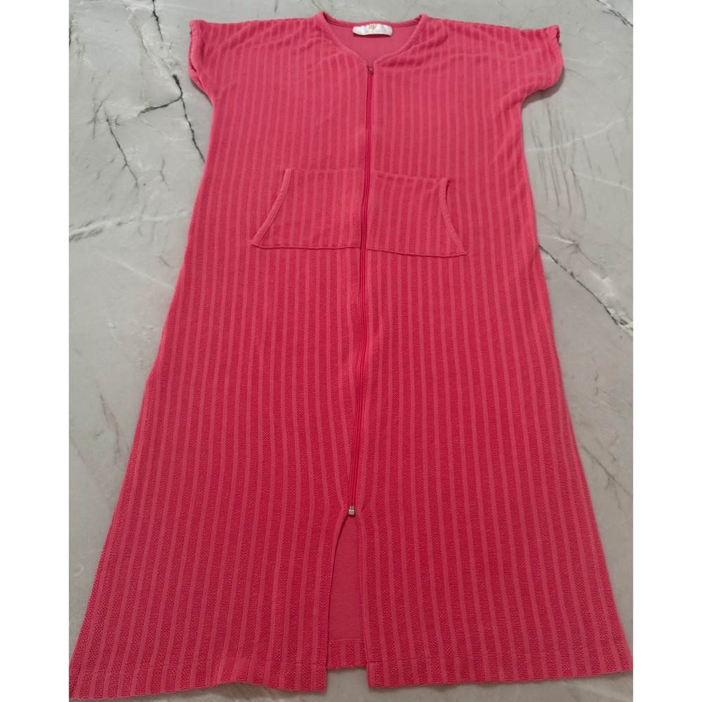 Stan Herman Coral Ribbed Terry Cloth Lounger Robe House Coat Pockets Grandmacore